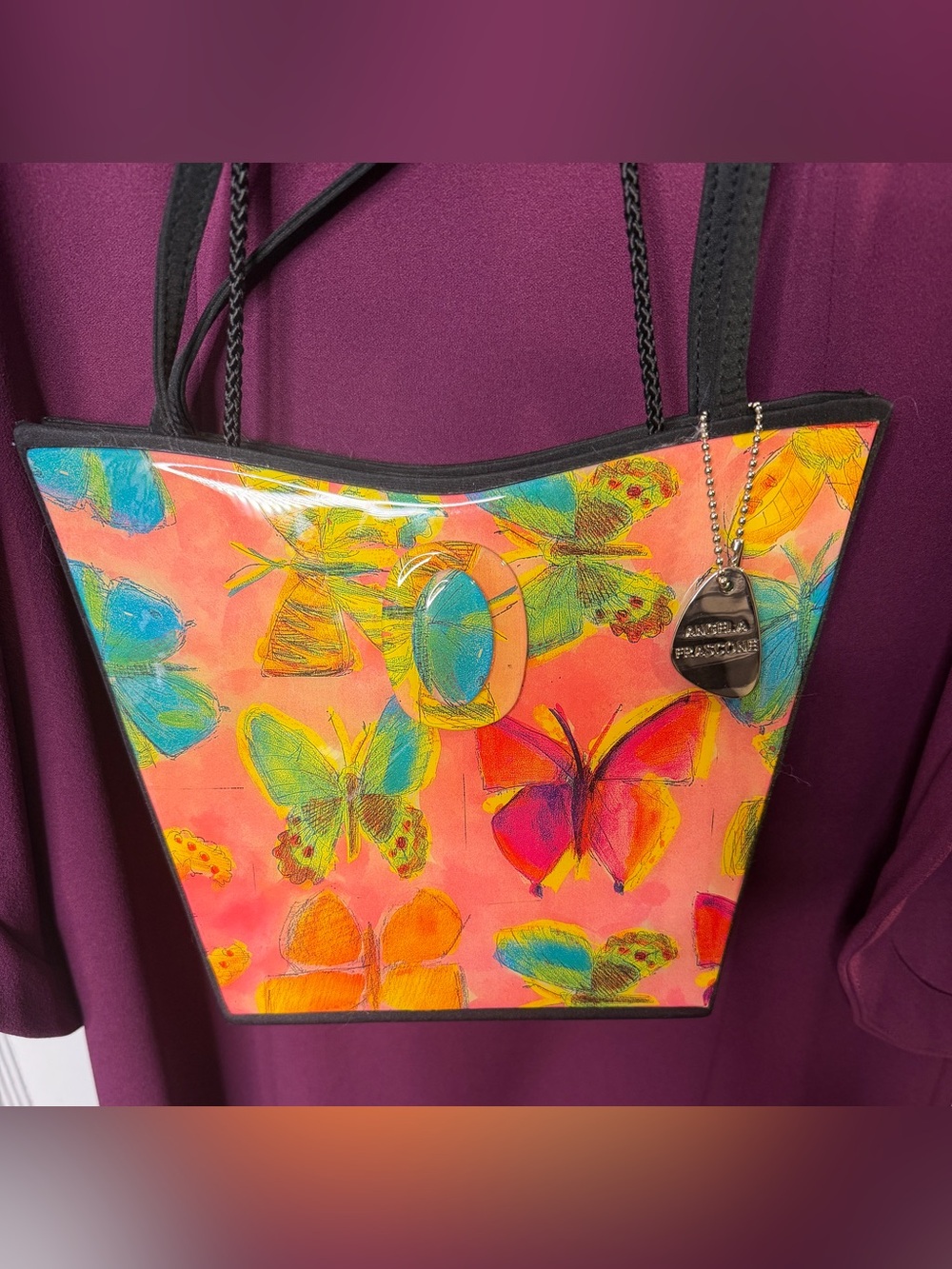 Angela Frascone Vintage Butterfly Art Handbag Resin Stone Teal Accent NWOT
